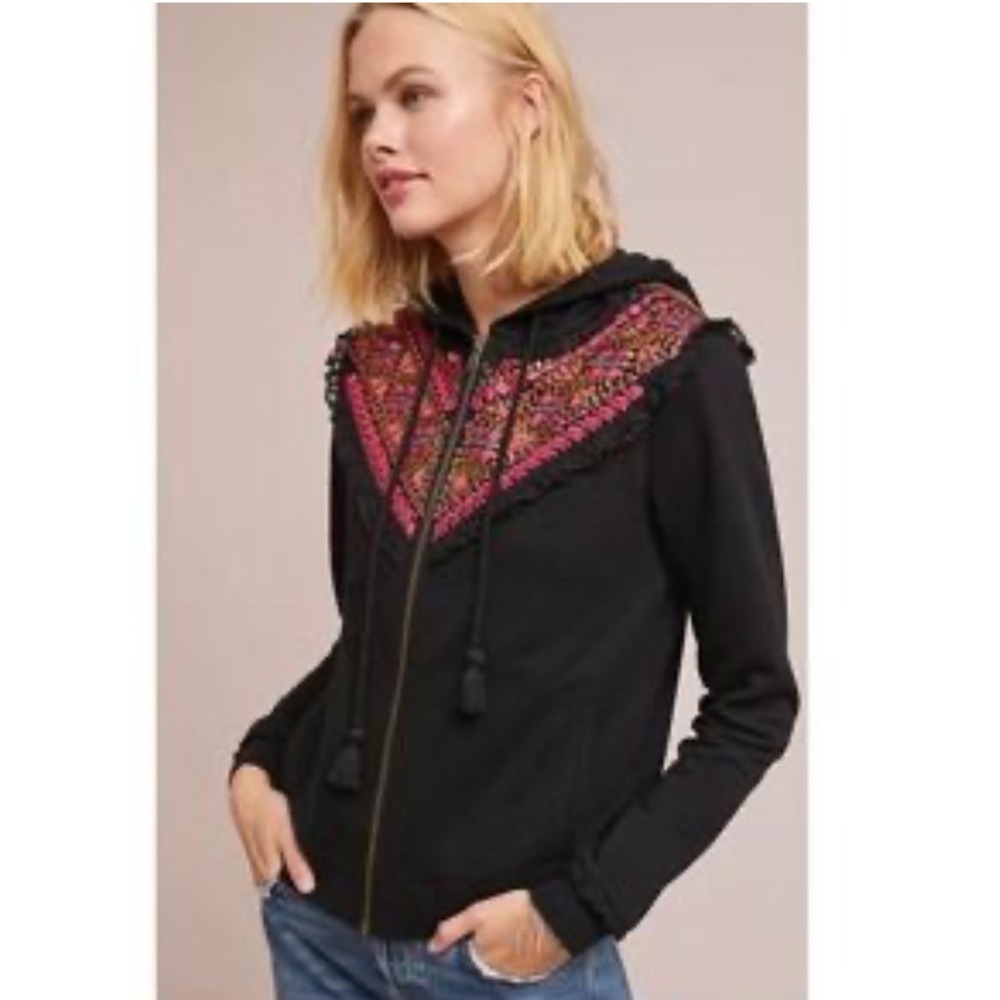 Anthropologie Akemi+Kin Embroidered Terry Hoodie Black Zip Up Jacket Womens M